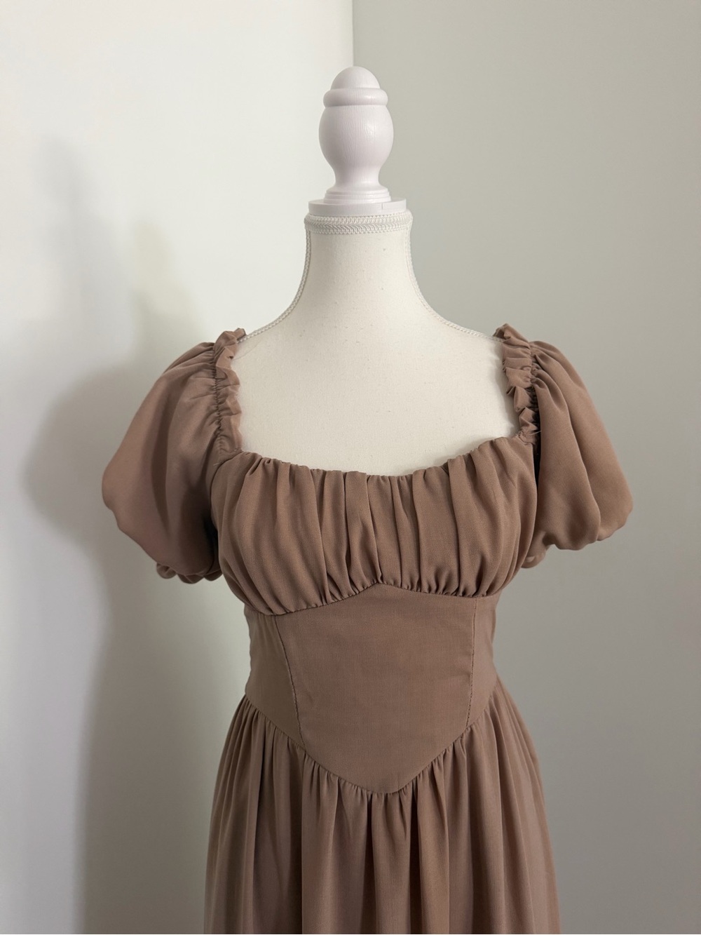 Trixxi Puff Sleeve Midi Dress in Taupe - Picture 2 of 7